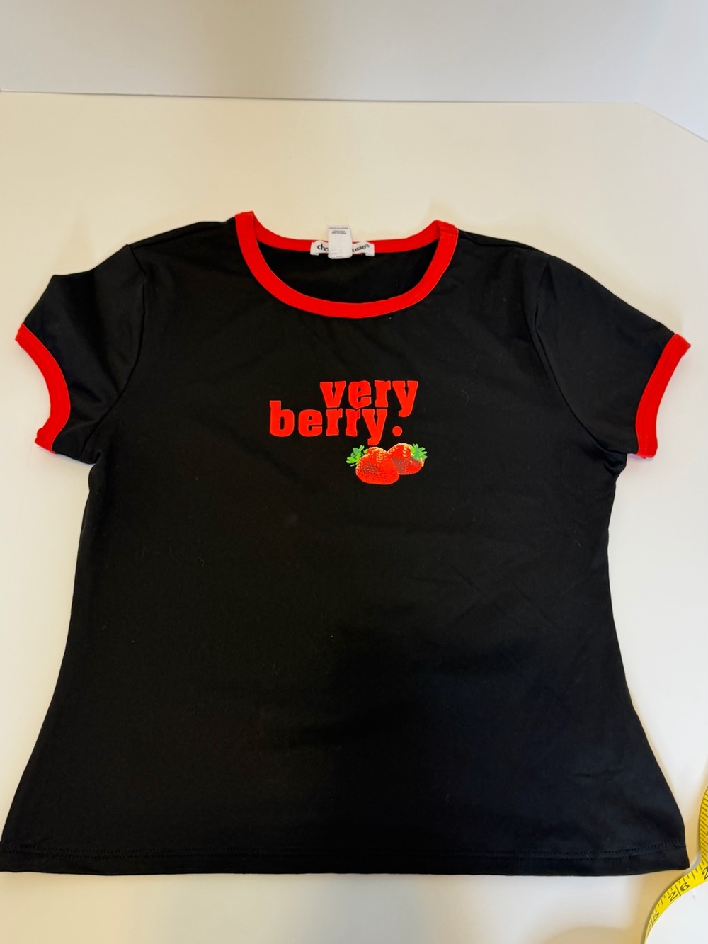 Charlotte Russe Black Tee with Red Trim and Strawberry Graphic
